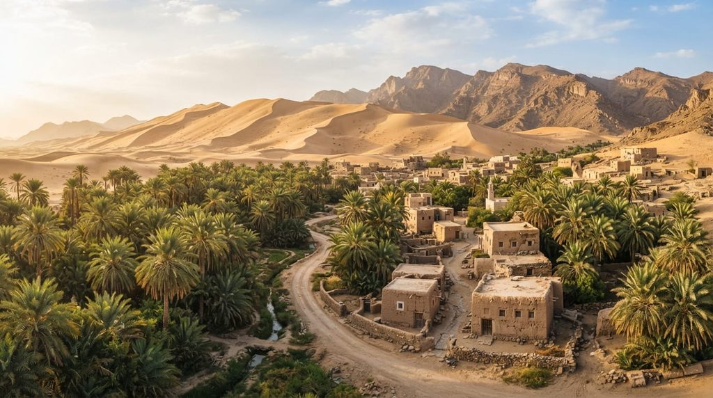 Arabian desert landscape with date palms, mountains, and mud houses