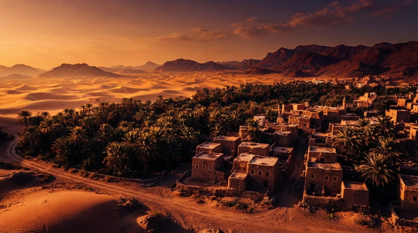 Arabian landscape with date trees, mountains, desert, and mud houses