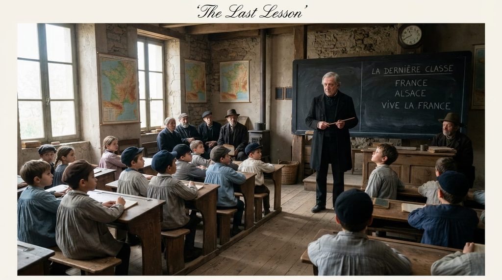 Illustration of M. Hamel teaching his final French class in an Alsace classroom, with villagers and students listening, from The Last Lesson by Alphonse Daudet.