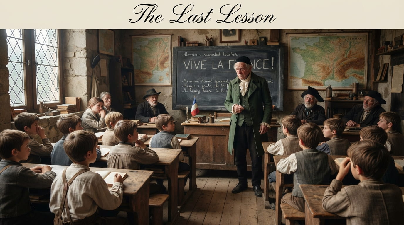 M. Hamel wearing his green formal coat while teaching his last French lesson, with 'Vive La France' written on the blackboard, from The Last Lesson by Alphonse Daudet.